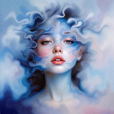 The primary subject of the image is a woman with blue hair, who is the main focus of the scene. She is surrounded by a blue and white background, which adds to the overall atmosphere of the image. The visual style of the image is digital art, as it is a painting of a woman with blue hair. The colors and mood of the image are vibrant and lively, with the blue hair and the blue and white background creating a striking and unique visual effect.